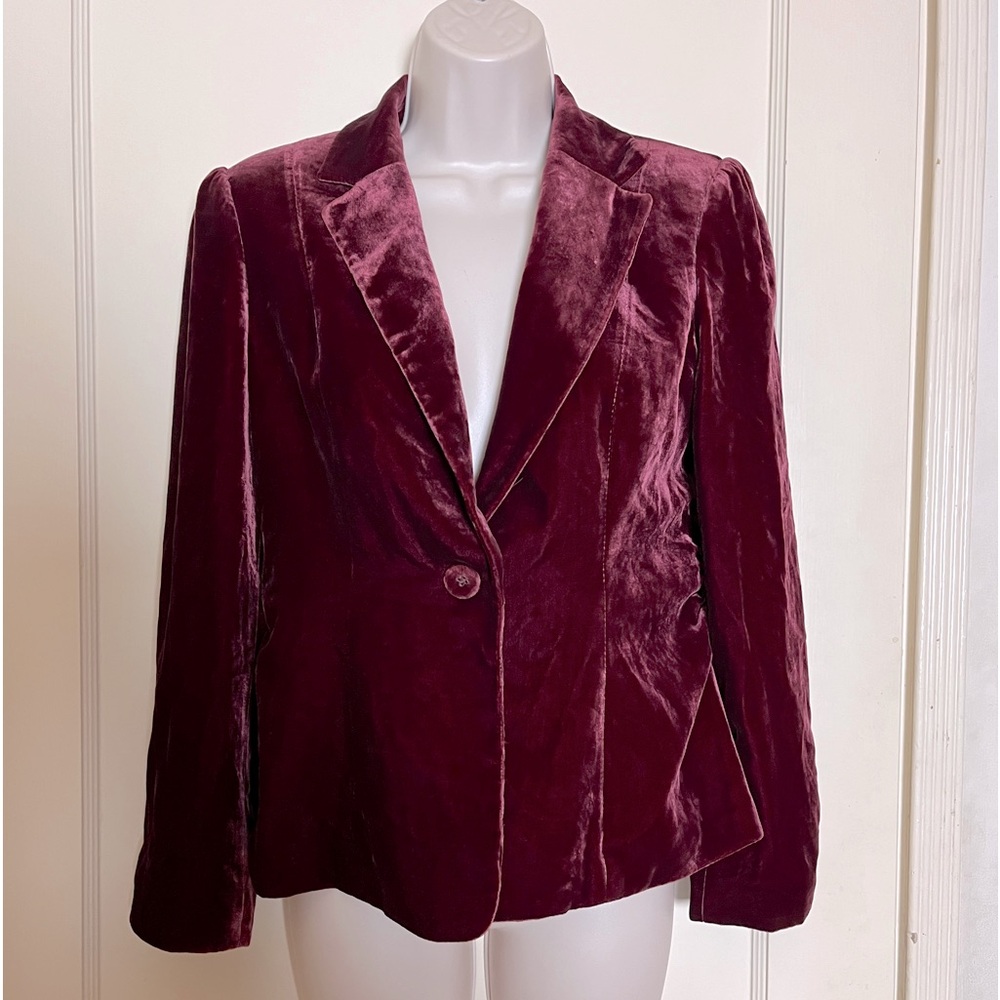 Vintage Alfani Cranberry Silk Blend Jacket with Ruched Sides and Velvet Buttons